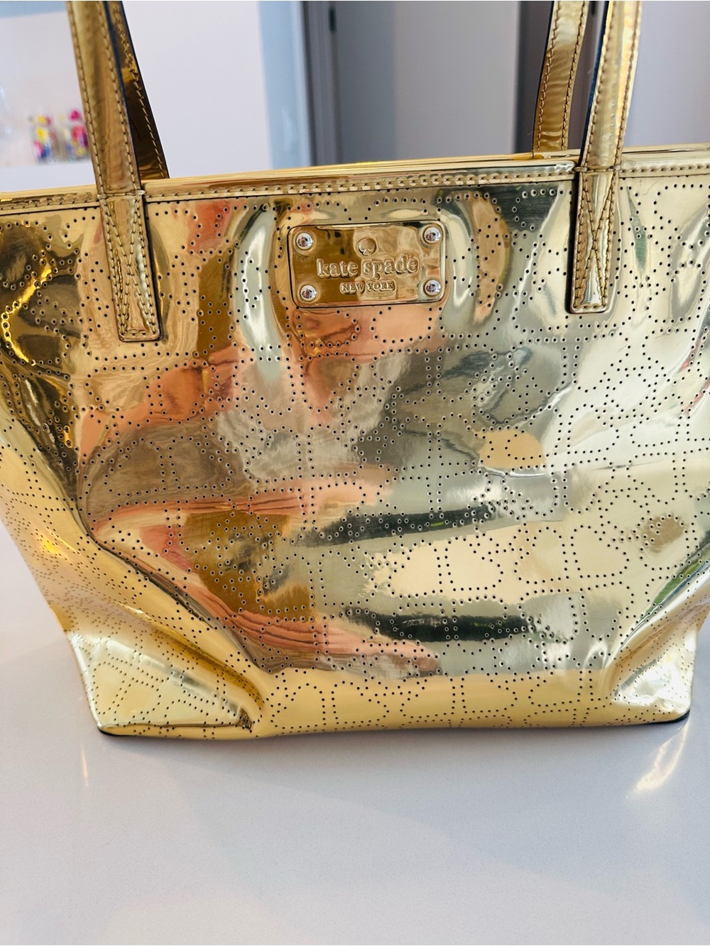 kate spade Gold Perforated Patent Tote